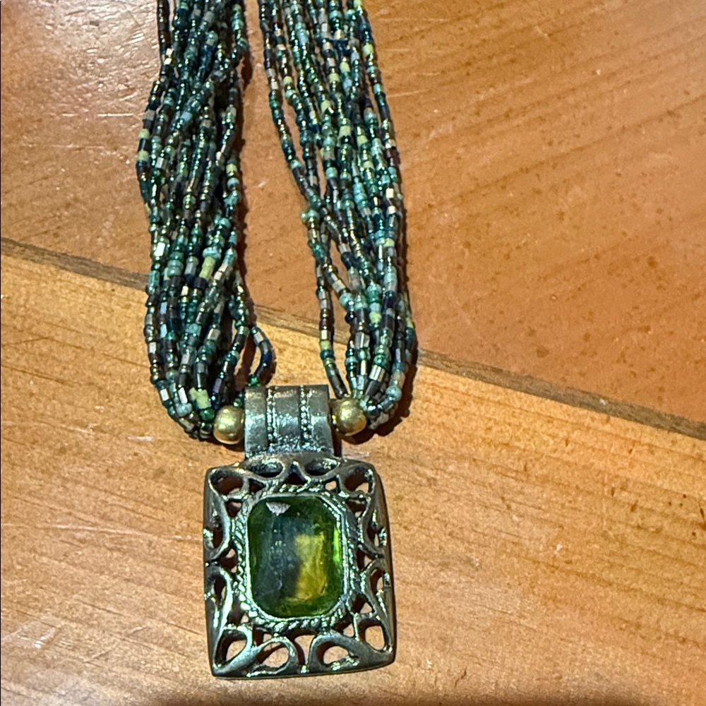Multicolor Beaded Necklace with Green Pendant - Picture 2 of 5